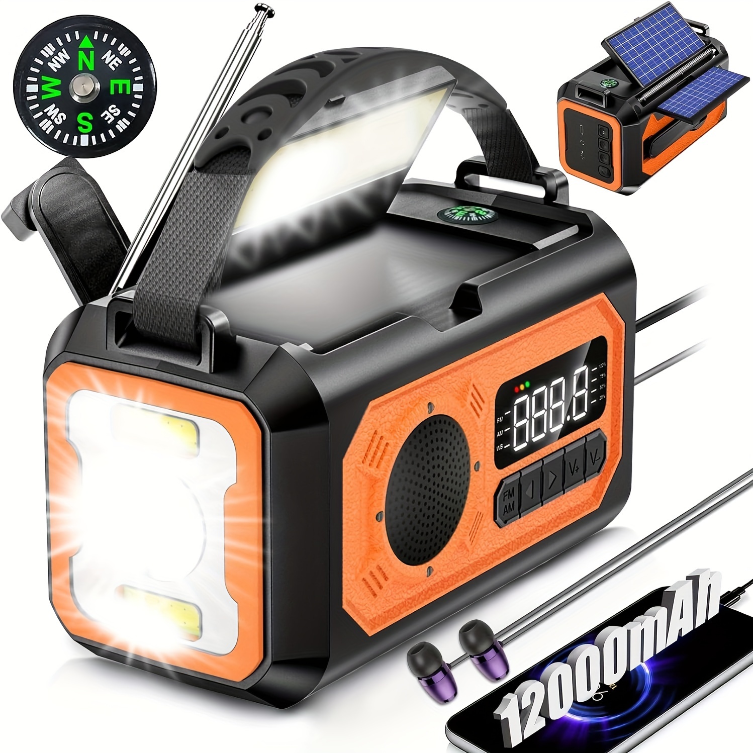 

12000mah Hand Crank Emergency Weather Radio, Noaa/am/fm Portable Solar Crank Radio With Flashlight Cell Phone Charger Sos Alarm Compass Reading Lamp Headphone Jack For Outdoor