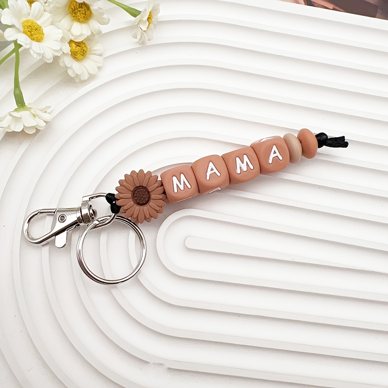 A Brown Letter Beaded Keychain, Printed Silicone Mama Letter Bead Wrist Keyring, Bag Charm, A Gift For Mom