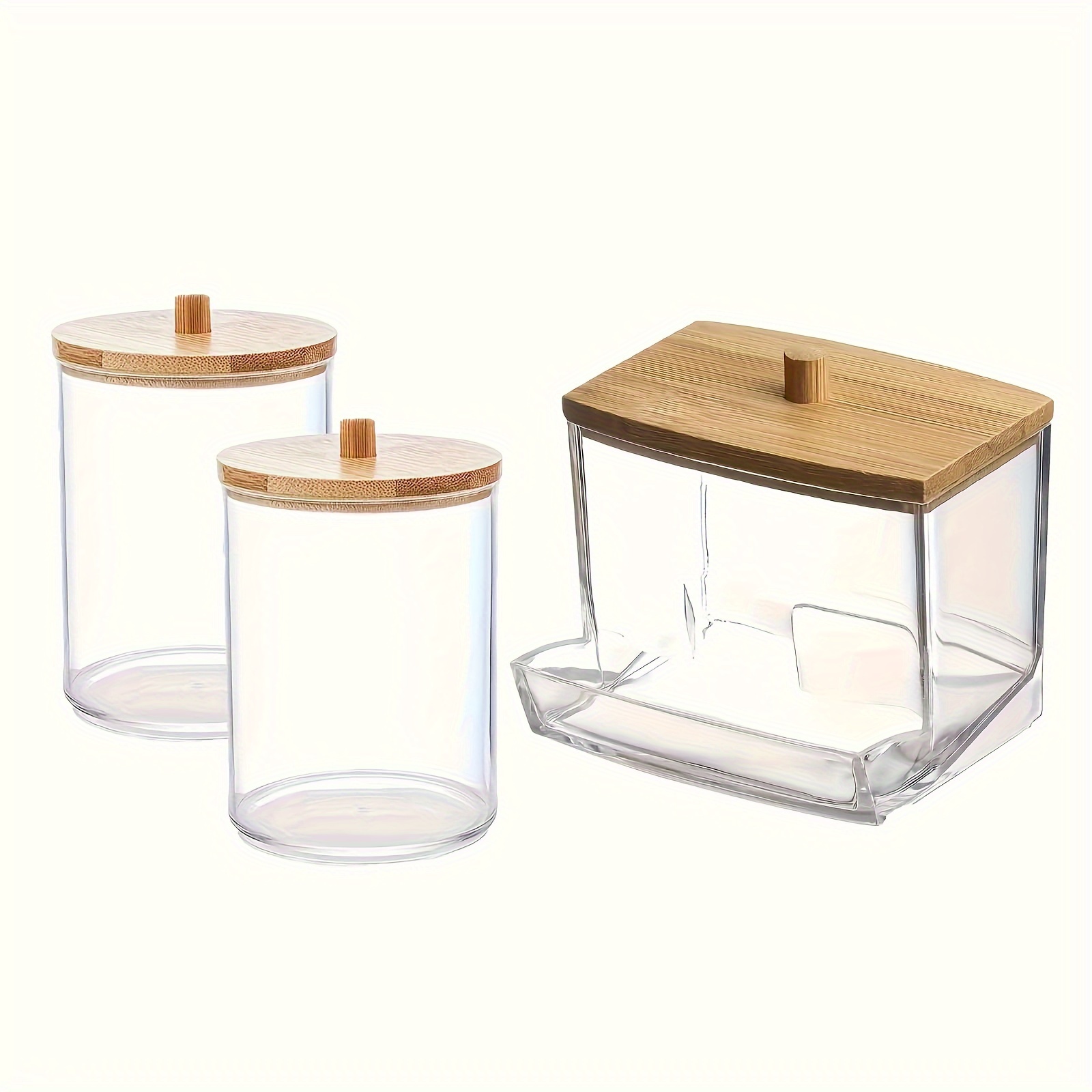 Image of 3pcs Qtip Stand Dispenser For Cotton Balls, Cotton Swabs, Cotton Pads, Dental Floss, 7/10 Oz Clear Plastic Potion Jar Set, For Bathroom Jar Storage, Dresser Makeup Storage Box With Wooden Lid