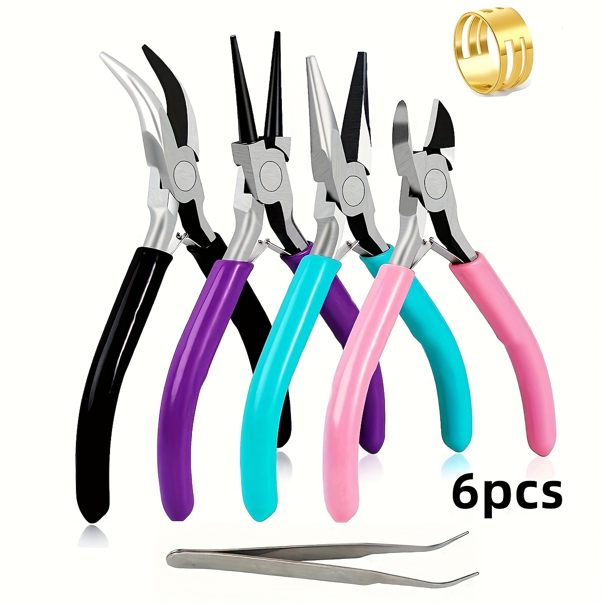 E-shop 6er-Set DIY Handbetriebene Zangen, 4 Pinzetten, 1 Goldener Ring, 1 Öffnungswerkzeug, Schmuckherstellungszubehör,