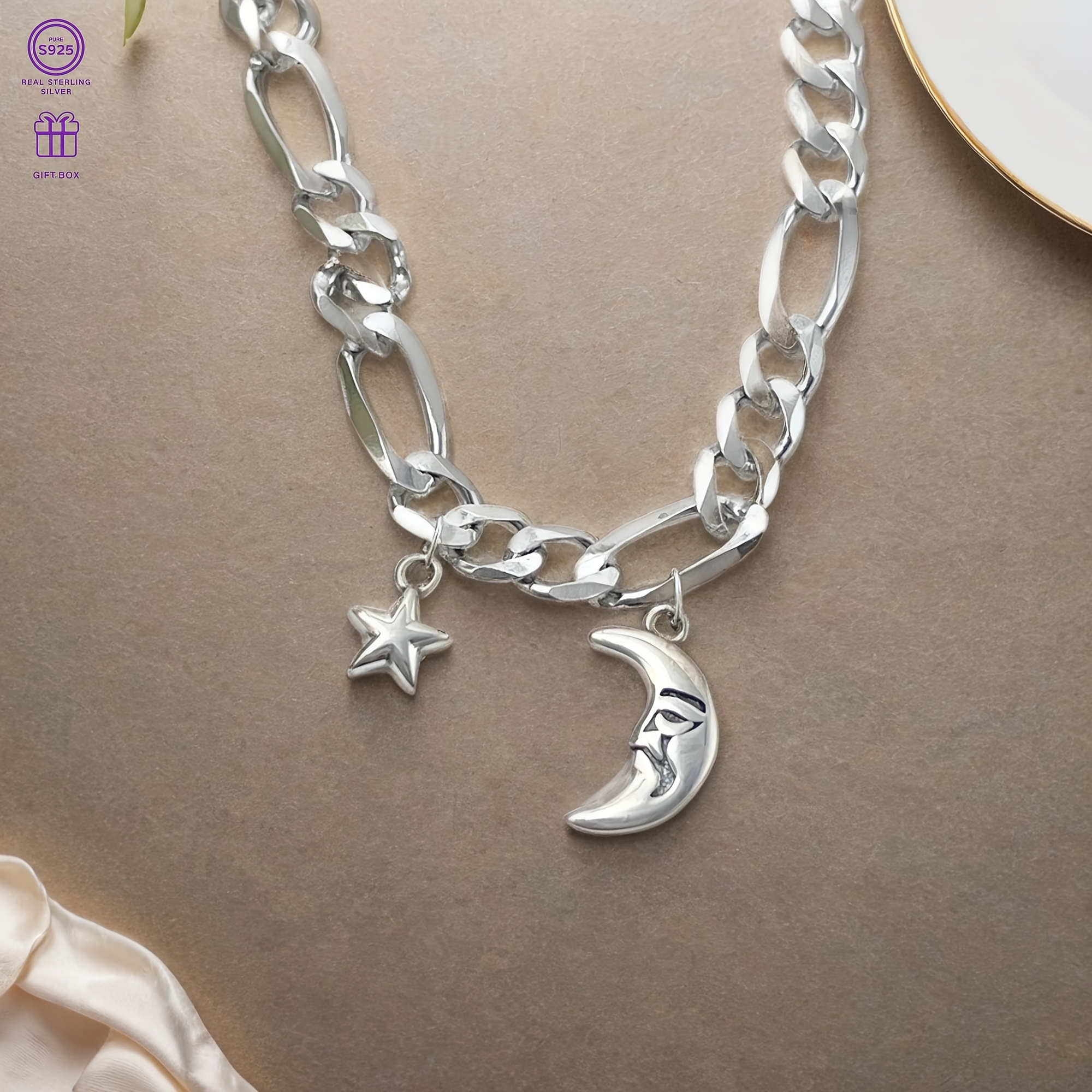 S925 Silver Moon & Stars Pendant Bracelet