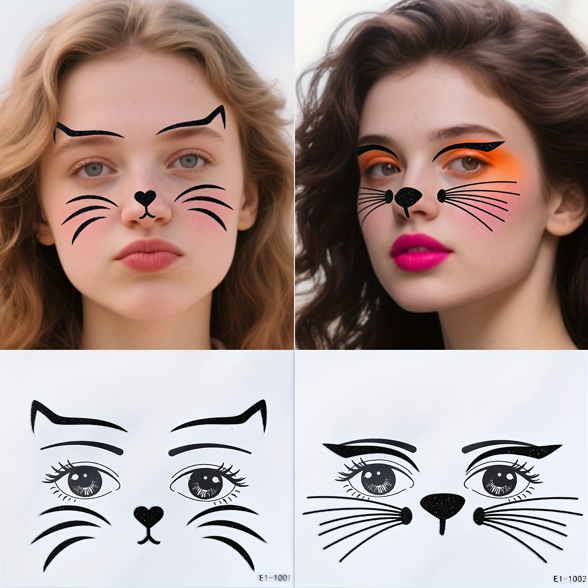 Image of 2 Sheets Of Cat-themed Glitter Face Stickers Featuring A , Perfect For Self-adhesive Animal Face Paint At For , Costume Parties