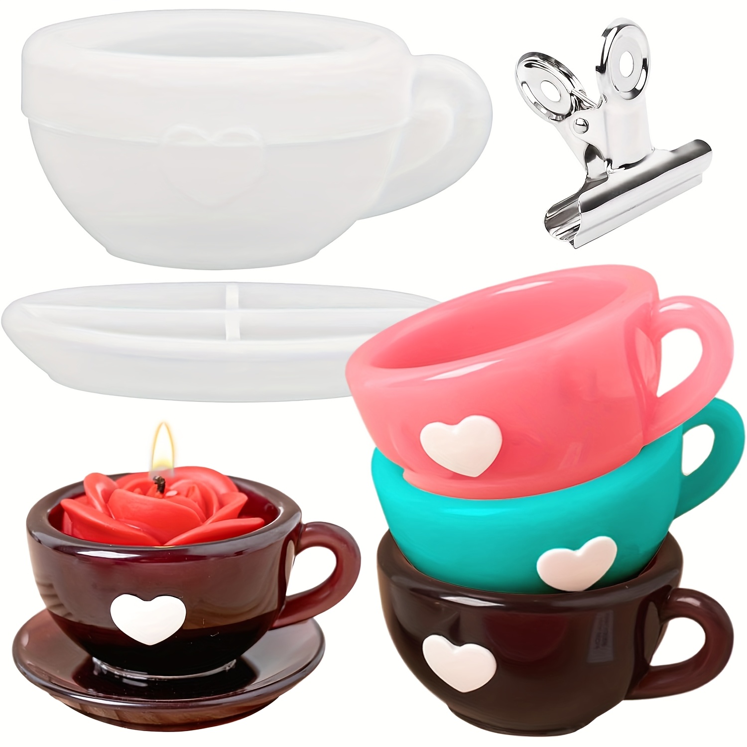 TEMU Coffee Cup Resin Mold With Saucer Silicone Mold And Clips, Suitable For Resin/ Epoxy Casting. Create Candle Holders, Crafts, Jewelry Boxes,