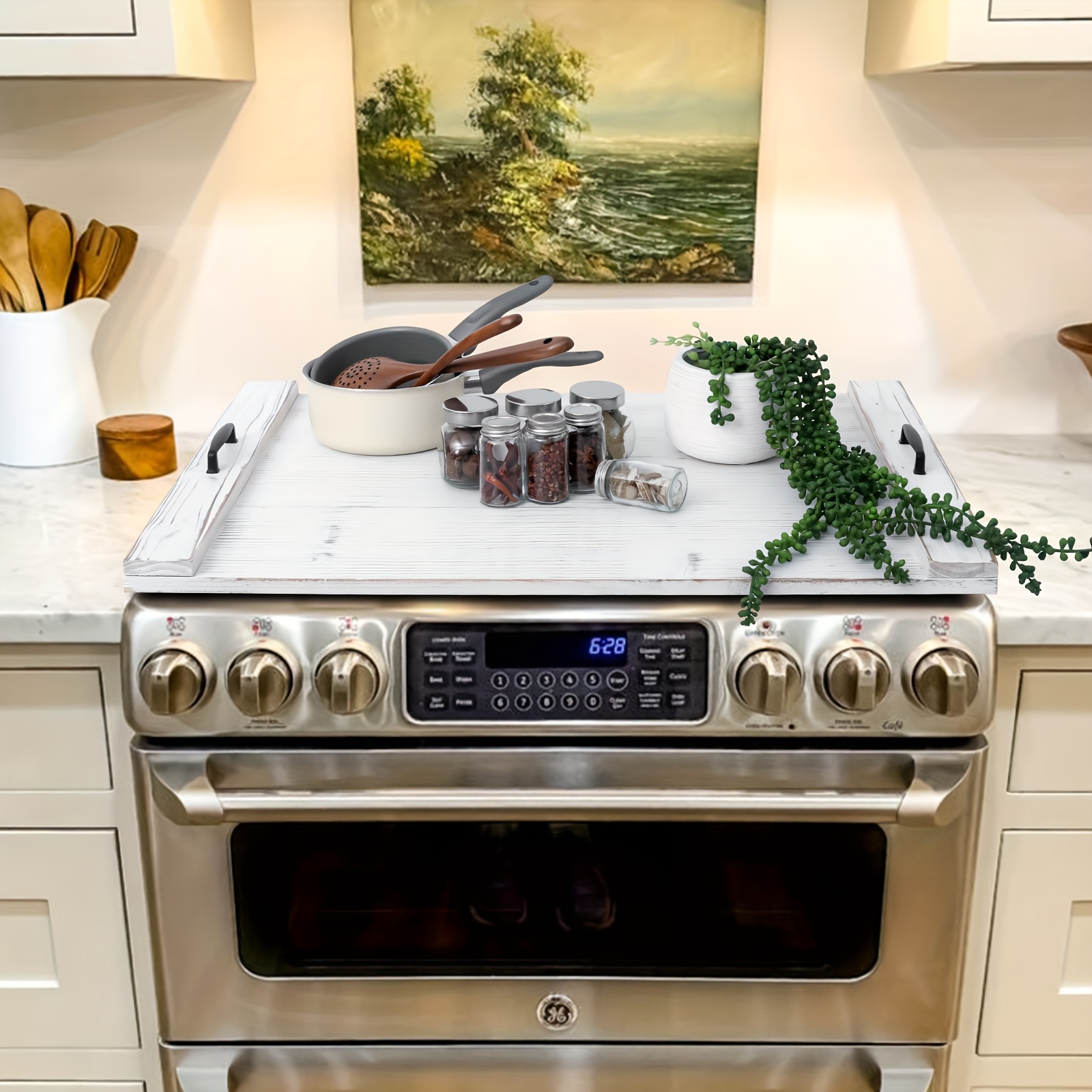 Wood Noodle Board Stove Cover With Handles, Wooden Stovetop Cover Board For Gas Stove And Electric Stove Top, Kitchen Sink Cover For Counter Space, Cutting Board, White