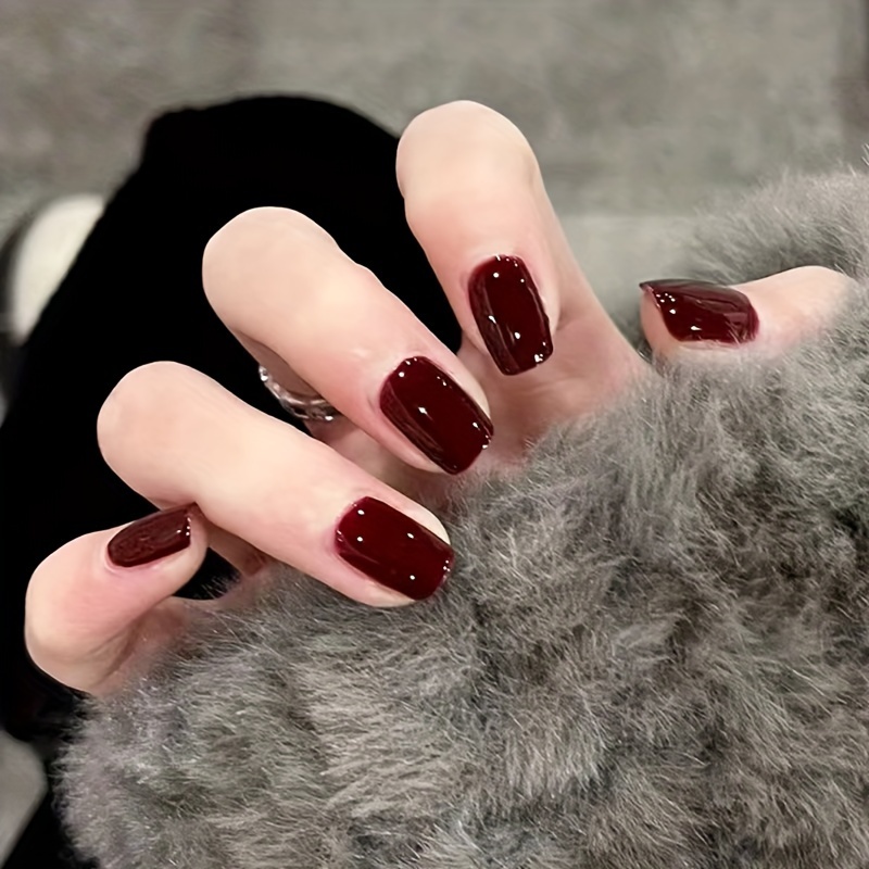 glossy wine red press on nails short square fake nails minimalist style temperament false nails solid color fake nails for women girls daily wear details 1