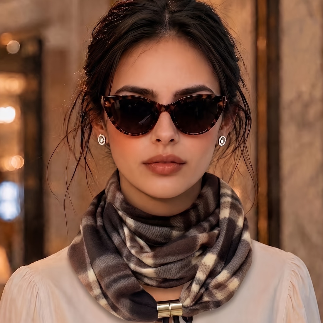 TEMU Bufanda Elegante Francesa para el Cuello, Bufanda a Cuadros Versátil, Calentador de Cuello Minimalista y , Estilo de para Viajeros, Bufanda