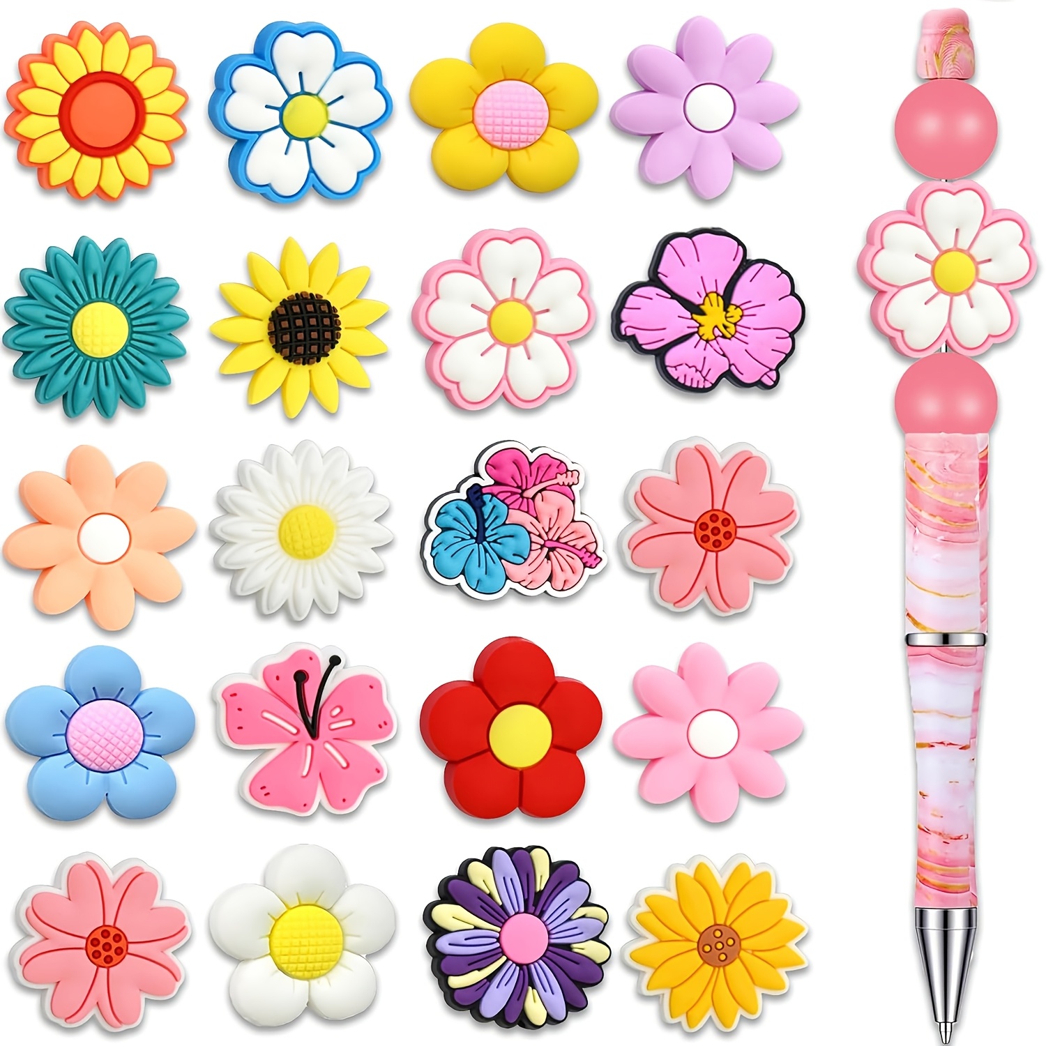 

Cshwjkj 20pcs Flower Series Silicone Bead Kit With Sunflower Straight Hole Silicone Bead Beaded Keychain Accessories Diy Make Christmas Party Accessories