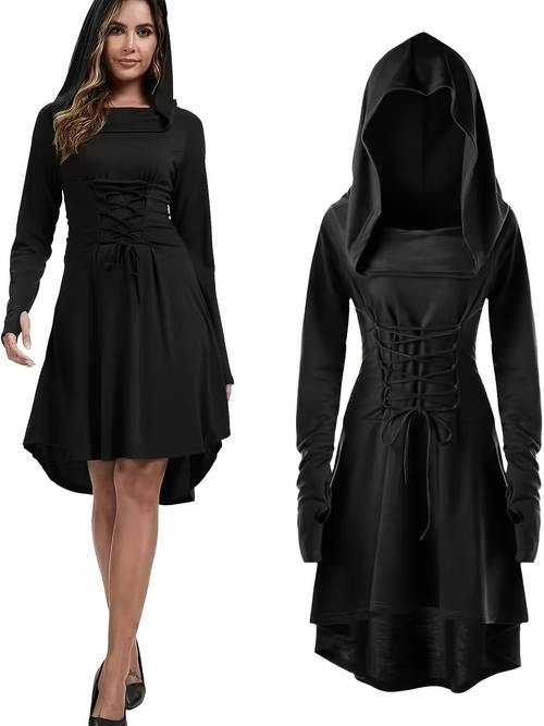 imagen del artículo vestido con capucha para mujer - corte a - largo de vestido, dobladillo asimétrico y cinturón ajustable en la cintura, vestido lavable a máquina para , fiestas de graduación, temáticos y medievales
