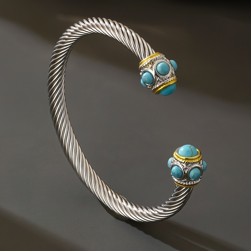Image of A Bohemian-style Vintage Blue Synthetic Stone Open Bangle Bracelet, Adjustable In Size, A Fashionable Ladies' Court-style Bracelet, A High-end Bangle For Gifting To