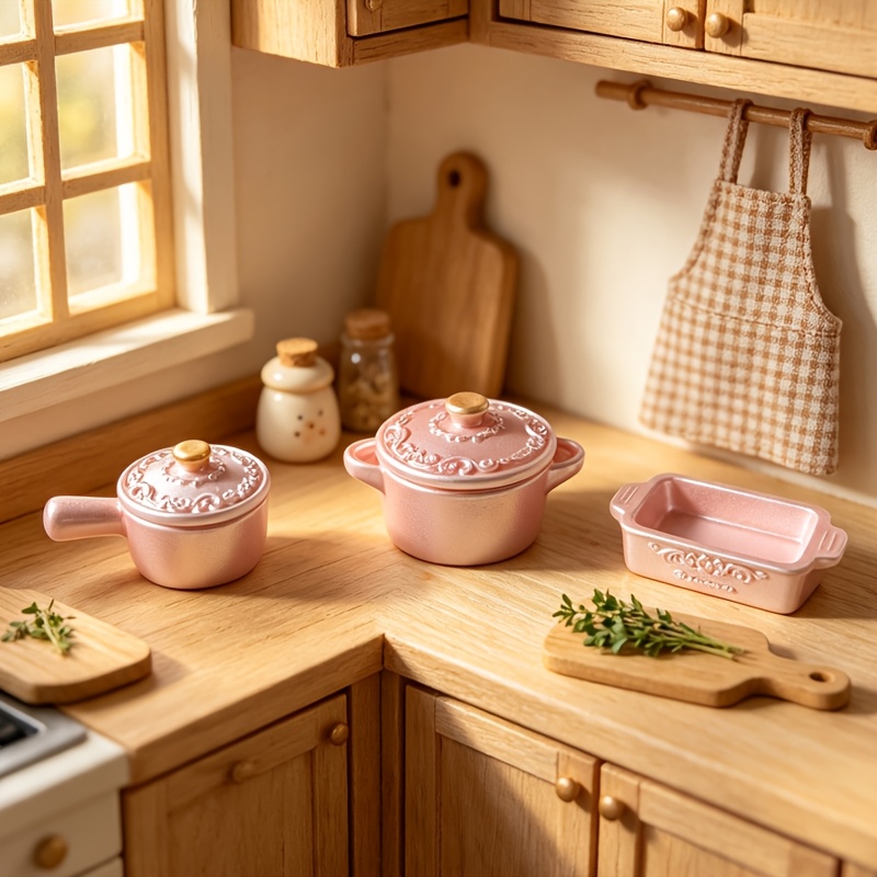 TEMU 3pcs 1:12 Scale Miniature Kitchen Set, Simulated Soup Pot, Square Pot, Milk Pot Models, Suitable For Miniature Scene Decoration, Miniature