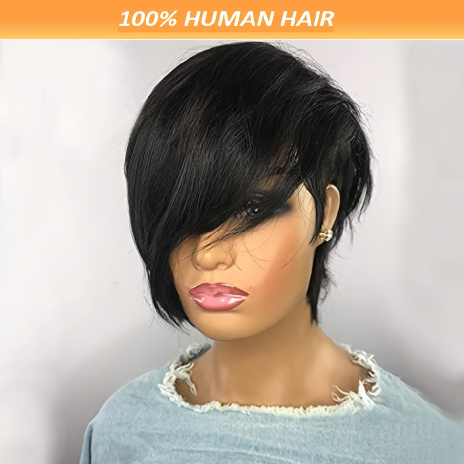 

Elegant Short Pixie Cut Wig For Women - Luxurious Brazilian Virgin Remy Hair, Glueless Layered Bob With Bangs, Natural Black, 180% Density, Perfect For Daily & Party Wear