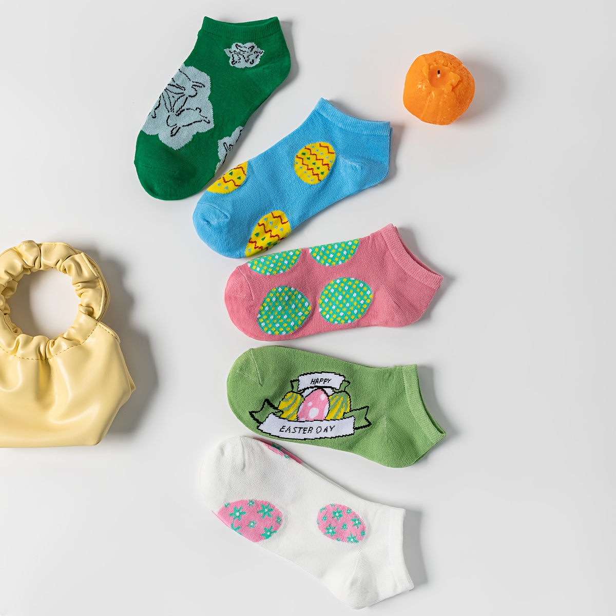 TEMU 5-pack Women's Easter Ankle Socks - Cartoon Bunny & Egg Designs, Pastel Colors, Soft Breathable Fabric, Machine Washable For Spring Festive