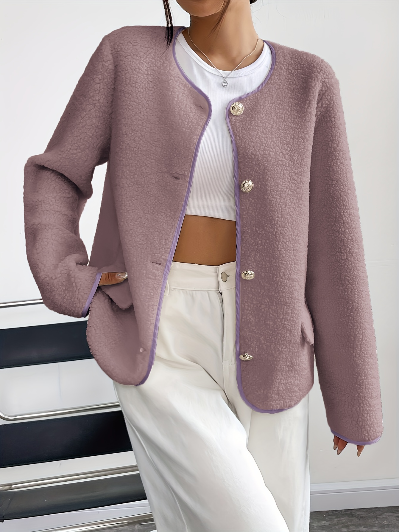 Elegant Solid Color Women's Jacket Round Neck Button Detail Fall Winter  Coat, Machine Washable Chic Outerwear for Casual Formal Outfits, Seasonal