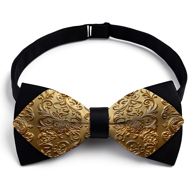 TEMU 1pc Of Trendy Gold-color Collision, A Golden Floral Pattern Print Woven Polyester Bow Tie, Perfect For Parties, Holidays, And Casual Attire,