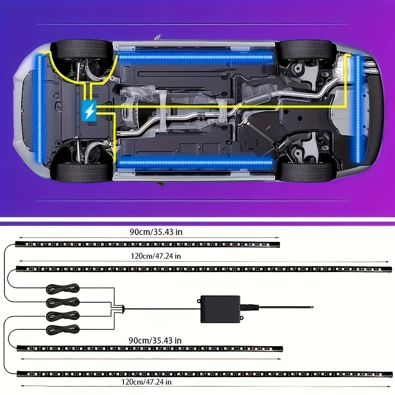 TEMU 4pcs Car Lights, 35in+47in Car Underglow Neon Accent Strip Lights, Rgb 8 Color Sound 16 Million With Wireless Remote Control Underbody Light Strips For Car Van Suv Truck, 12v