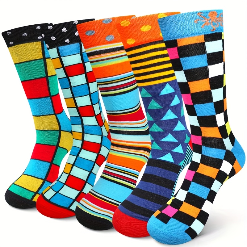 Image of 5 Pairs Men's Colorful Geometric Pattern Mid-calf Socks - High Elasticity, Breathable & Comfortable Unisex Casual Wear For , Vibrant Polka Dots, Stripes & Abstract Designs
