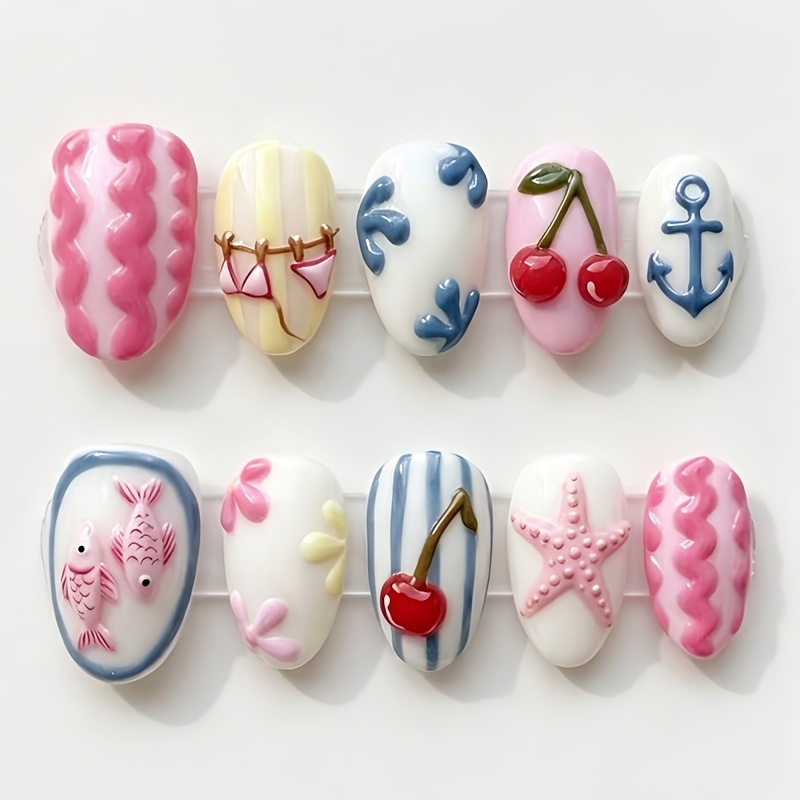 TEMU 30pcs 3d Handmade Summer Beach Press On Nails, Medium Oval Fake Nails With Starfish Anchor Bikini Design, Cute Glossy Glue On Nails For Women