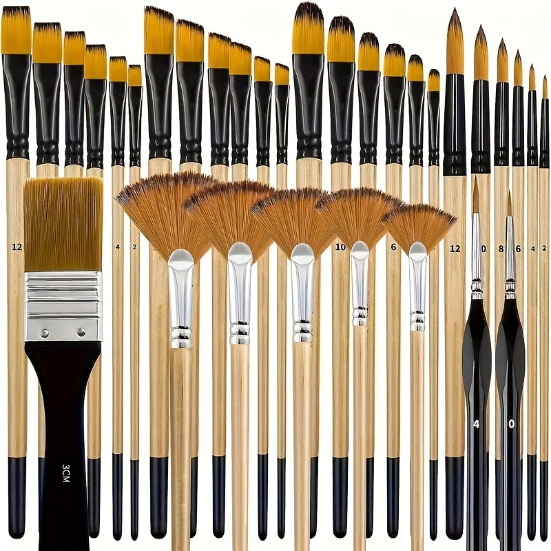 TEMU 32pcs Artist Paint Brush Set With Nylon Bristles - Round, Hazelnut, Flat, Fan, Angled & Fine Detail Brushes For Acrylic, Oil & Watercolor Painting - Ideal For Artists & Beginners