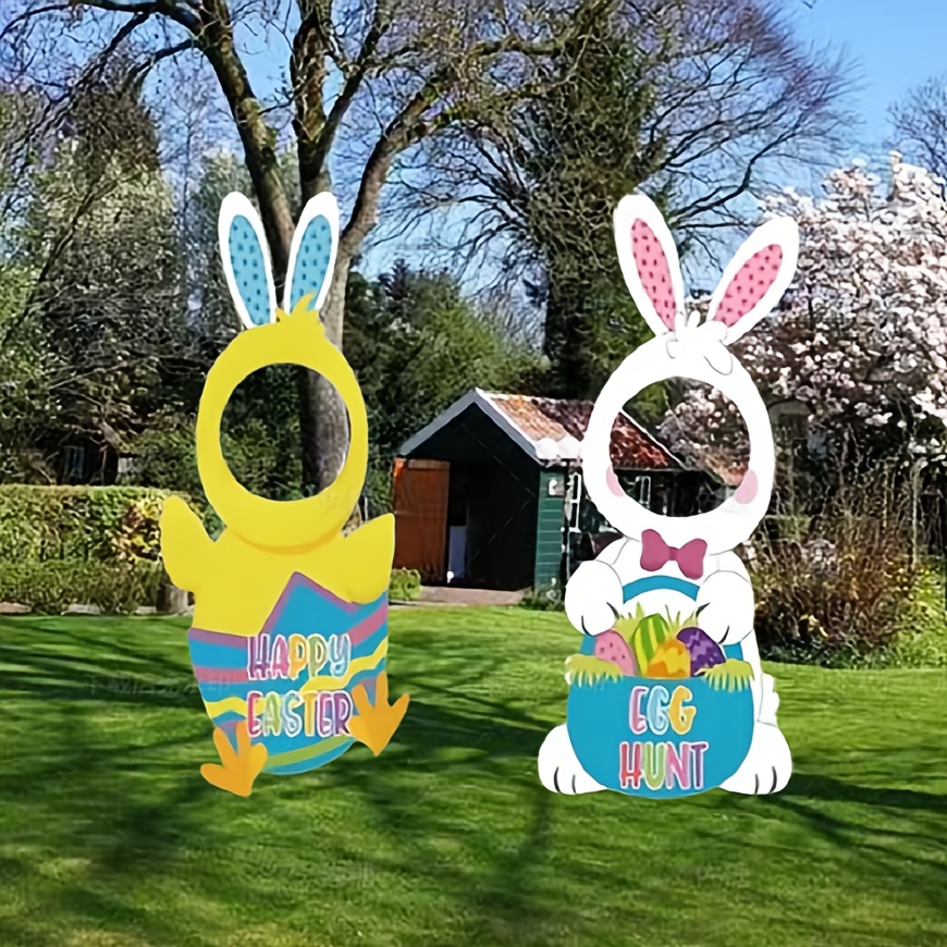 

2pcs Grandes Panneaux de Jardin de Pâques - Décorations Étanches de Lapin et avec les "Joyeuses Pâques" et "Chasse aux Œufs", pour les Célébrations Printanières en Extérieur sur la Pelouse et