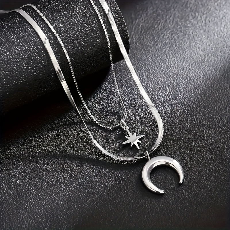 TEMU 1pc Élégant Minimaliste Vent Six Mangs Étoile Os Chaîne Double Acier Inoxydable Pendentif Collier, Chaîne Claviculaire pour Femmes, Convient aux