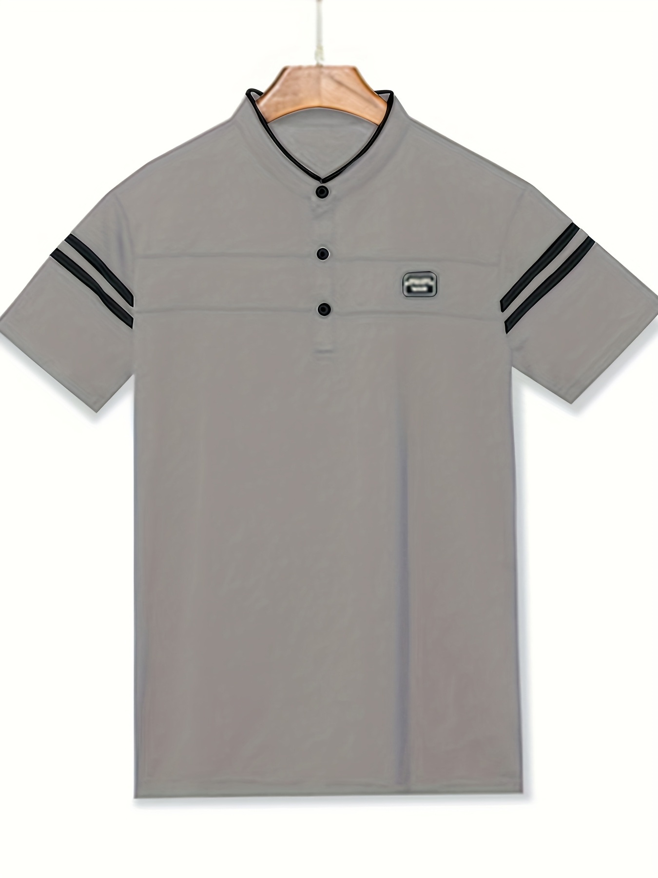 Summer Men's T-Shirt, Solid Color Stand Collar Striped Short Sleeve Shirt, Suitable for Sports, Outdoor, Casual