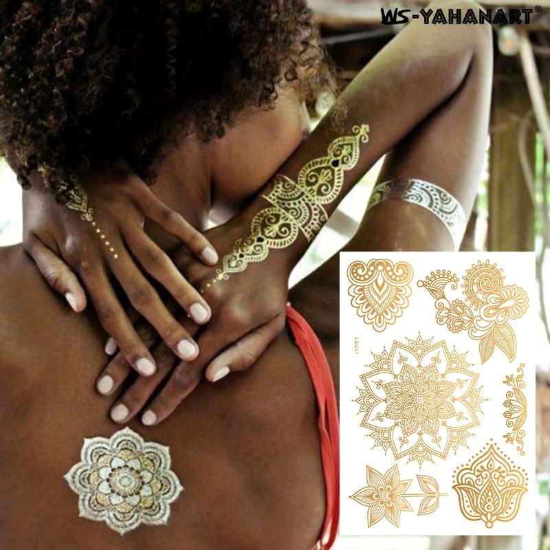 

Metallic Gold & Rose Gold Henna Lace Bridal Temporary Tattoos - 12 Sheets Variety Pack Of Mandala, Flowers & Boho Designs, Water Transfer Fake Tattoo Stickers