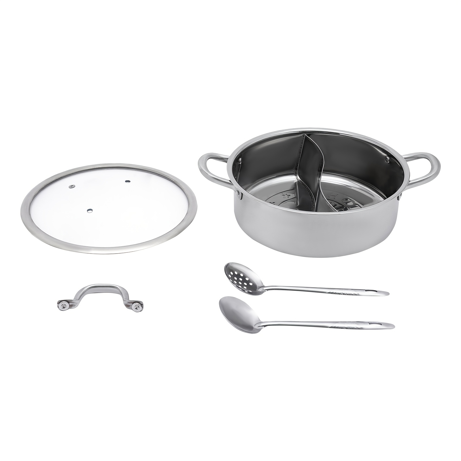 TEMU 12.6 Zoll Fondue Topf 304 Edelstahl Mandarin Duck Pot mit Glasdeckel Doppelseitiger Trenner Kochen Suppe Fondue Topf mit Sieb mit Deckel