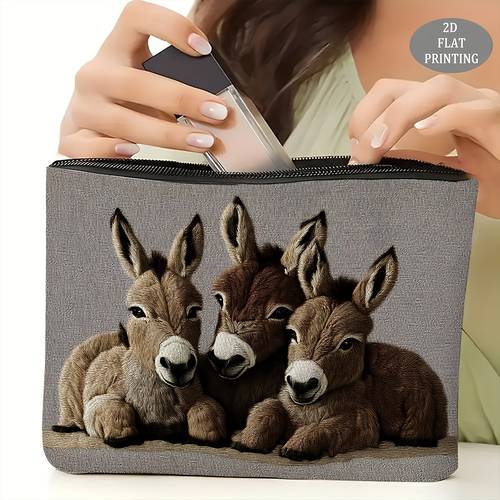 borsa da donna, motivo a tema tre piccoli che si abbracciano, 2d flat, chiusura con cerniera, riutilizzabile, adatta per riporre piccoli oggetti, cosmetici, , stile , per , portatile, san