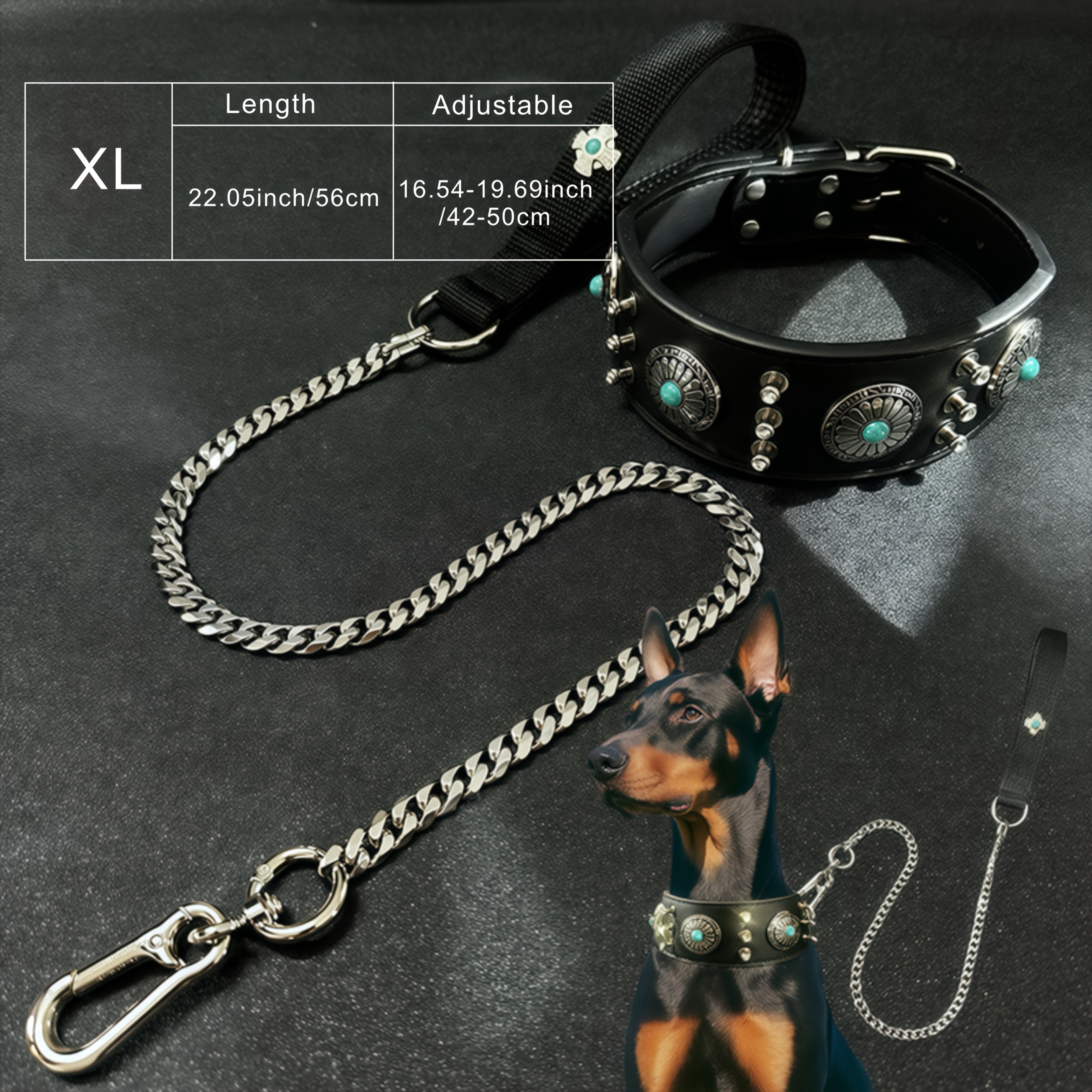 A Stylish Studded Dog Collar And A Stainless Steel Leash Chain, Suitable For Medium And Large Dogs Walking, Without Battery