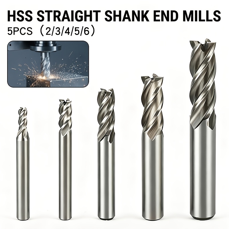 TEMU 5pcs High End Mill Set | 4 Flute Spiral Cutter Precision Cutting | Straight Shank Design (size 2-6mm Full Coverage) | To Cnc Lathe Milling |