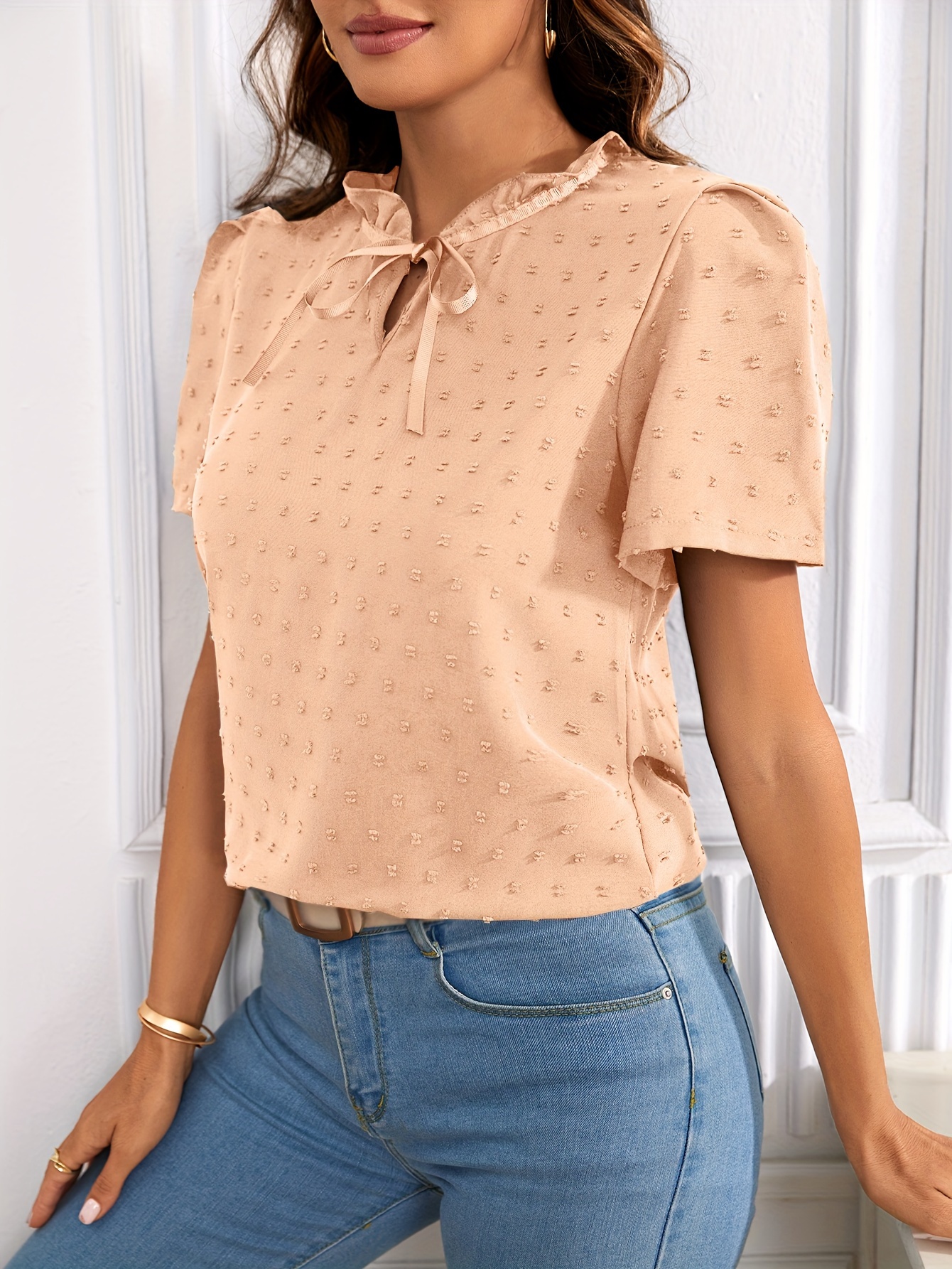 Elegant Deep V-Neck Lace-Up Blouse for Women - Chic Solid Color Shirting Style with Eyelet Detail, Versatile for All Seasons