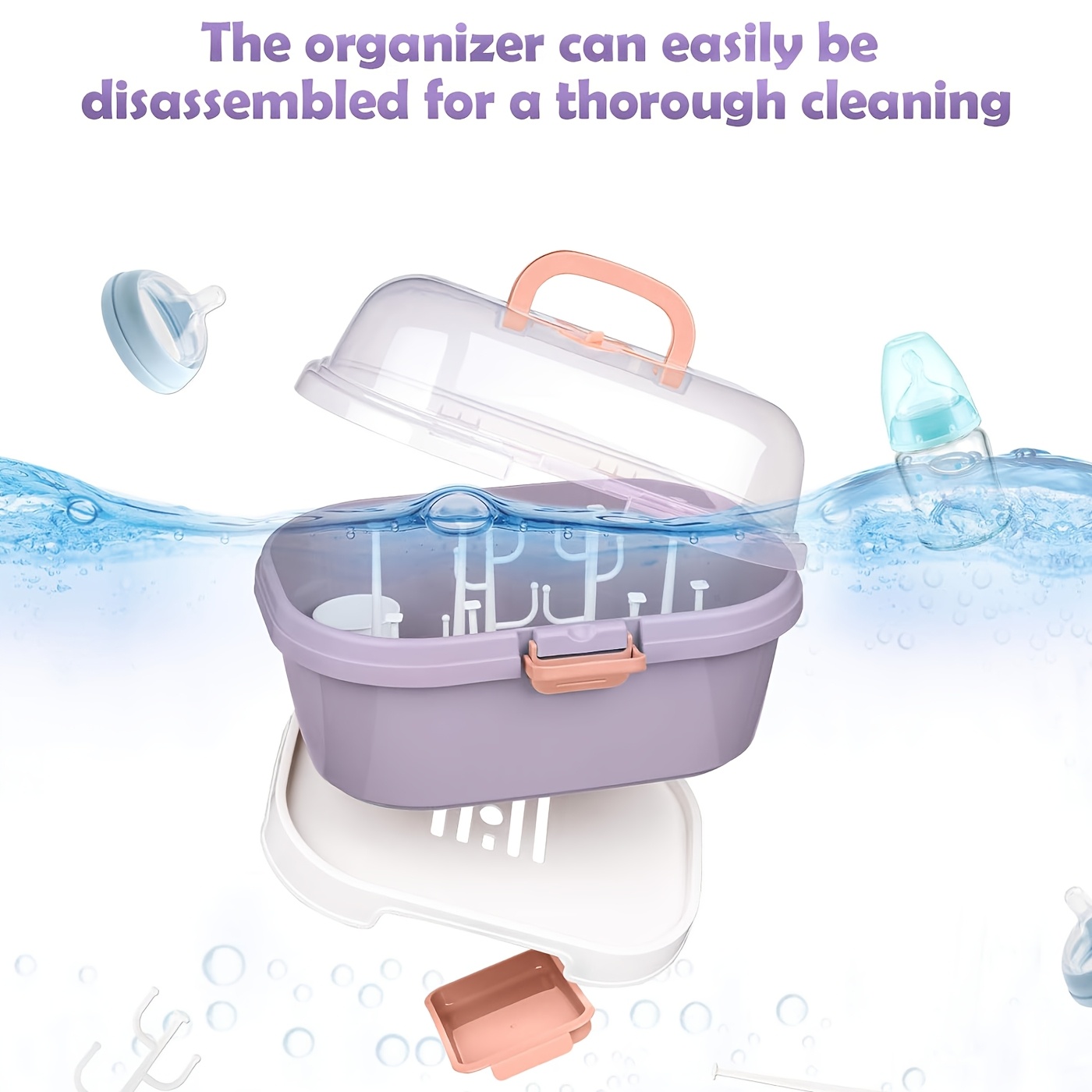 Portable Bottle Holder Organizer - Large Capacity Storage Box with Anti-Dust Cover, Cutlery Storage & Drying Rack, Ergonomic Handle for Home Kitchen, Travel, Outdoors, Bottle Storage, Durable Plastic Material