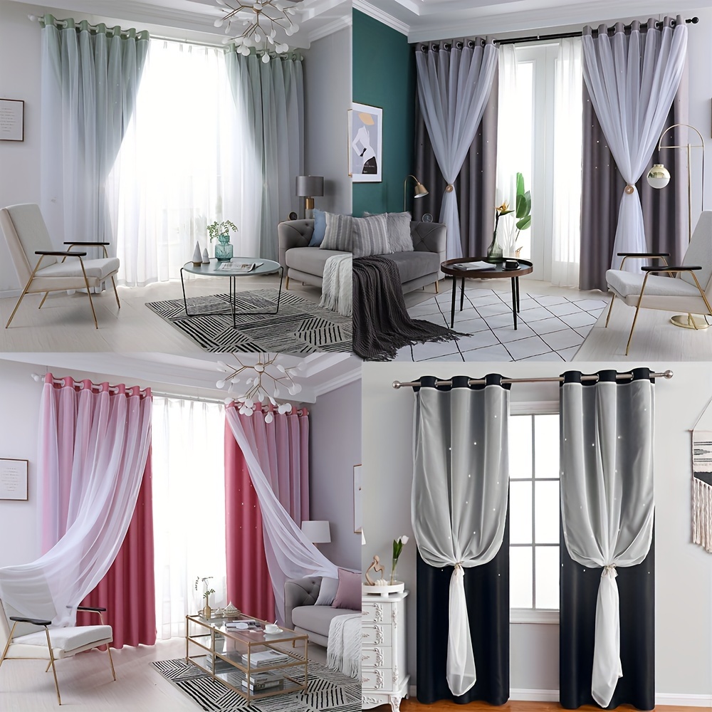 

2 Pieces/4 Pieces Of Simple And Elegant High Blackout Breathable Hollow Stars Double Curtains, Suitable For Home Bedroom, Living Room And Other Decorative