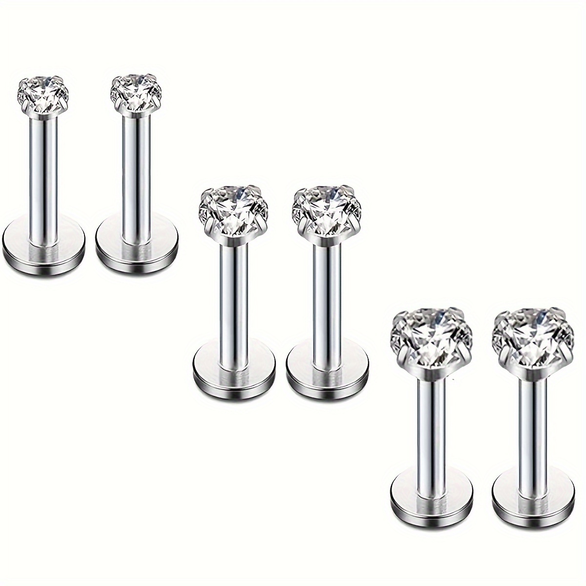 E-shop 6 Stück 16G Edelstahl CZ Lippenstecker Labret Monroe Nasen Tragus Helix Ohrschmuck Piercingschmuck 2/3/4mm CZ 10mm Bar Länge 3er Set