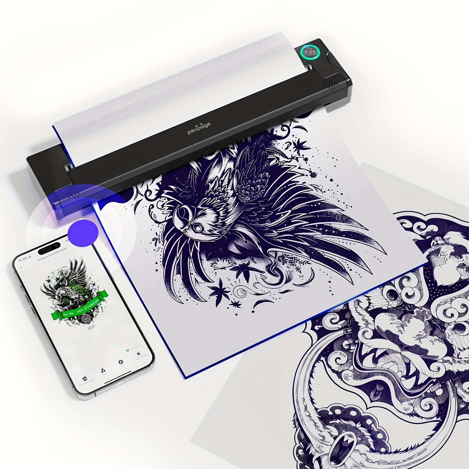 TEMU Peripage P90 Portable Thermal Tattoo Stencil Printer - Mini Diy Tattoo Printer For Ios/android & Pc, Includes 10pcs A4 Transfer Paper