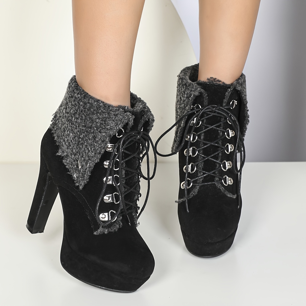 Women'S Sexy faux fur Lined Ankle Boots, Round Toe Block Heel High Heels, All-Season Riding Boots with Lace-Up Closure, Solid Color Fabric Upper, Rubber Sole, Warm Fleece-Lined for Winter Boots