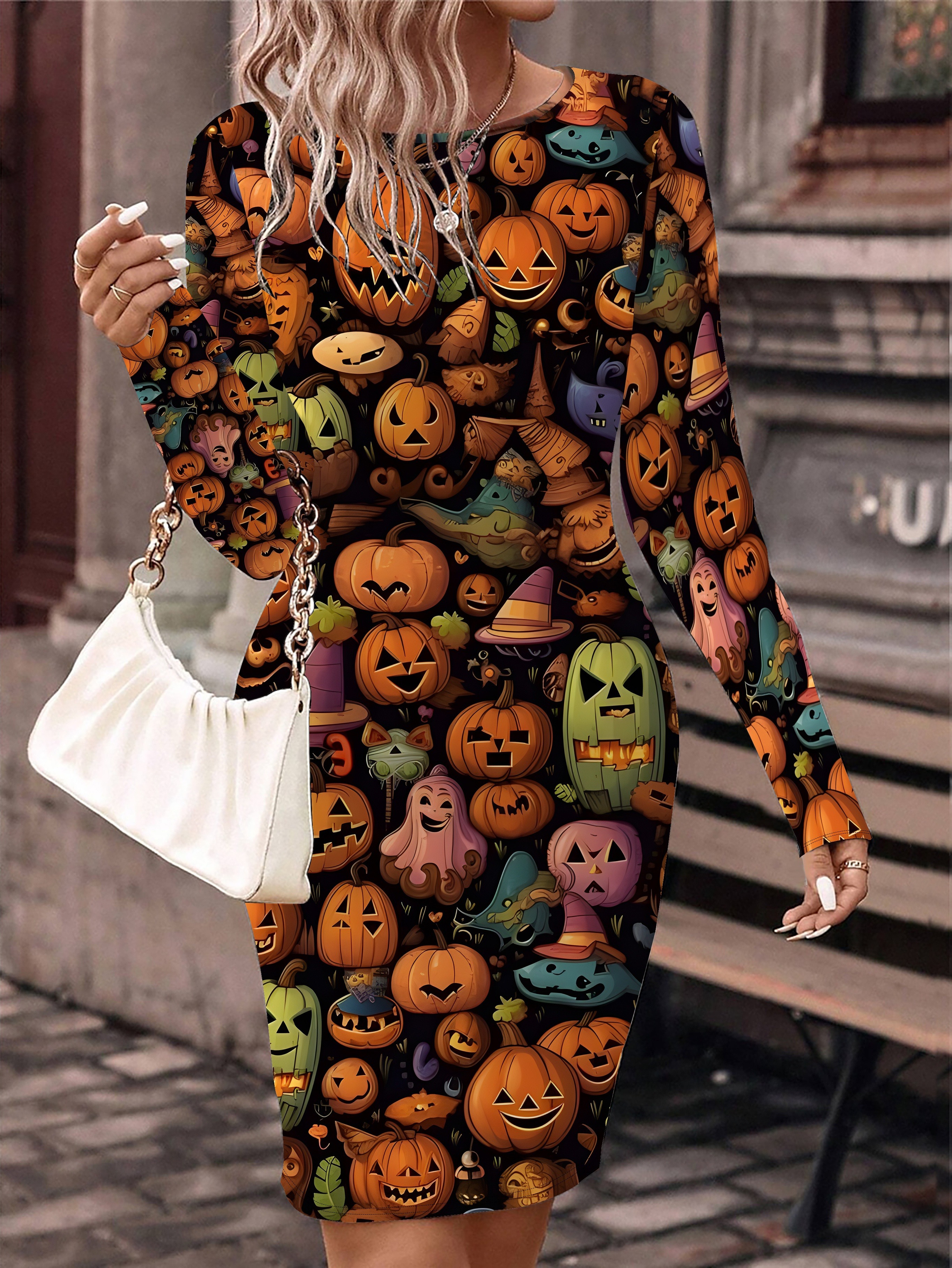 pumpkin bodycon dress womens 3d halloween print crew neck Orange dress