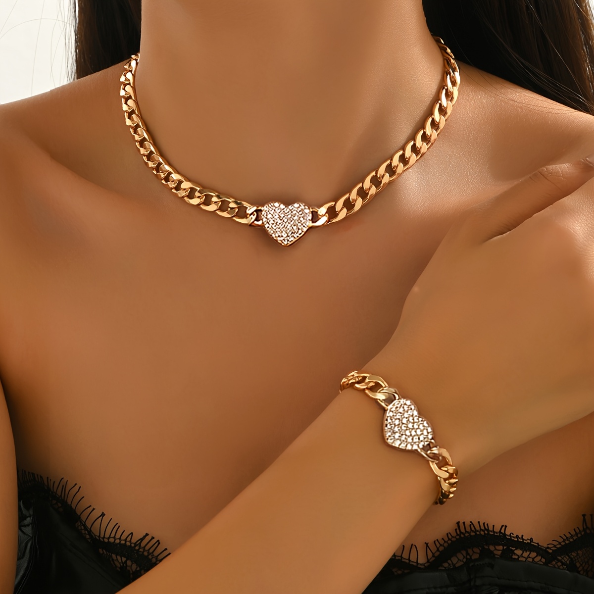TEMU 2pcs Women's Jewelry Set Featuring An O-ring Clasp With A Chunky Chain With Rhinestone Heart/love Pendant Necklace And Bracelet. A Stylish And