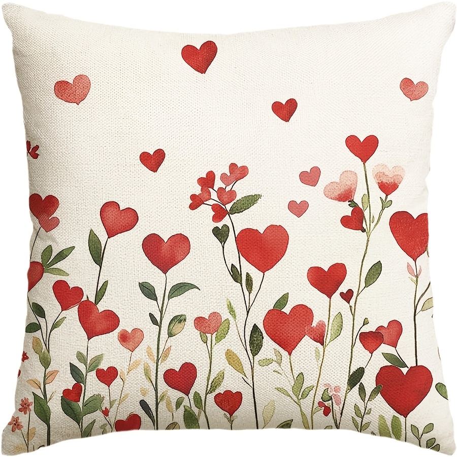 

1pc Rustic Country Style Valentine's Day Heart Flowers Linen Throw Pillow Cover, Machine Washable Zippered For Sofa Couch, Anniversary Wedding Home Decor