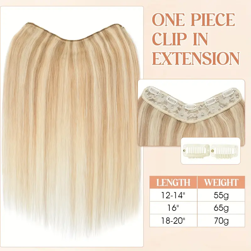v shape clip hair extensions human hair 30.48-55.88 cm ombre blonde to caramel blonde highlight one hairpiece clip in hair extension human hair with seamless weft for women details 0