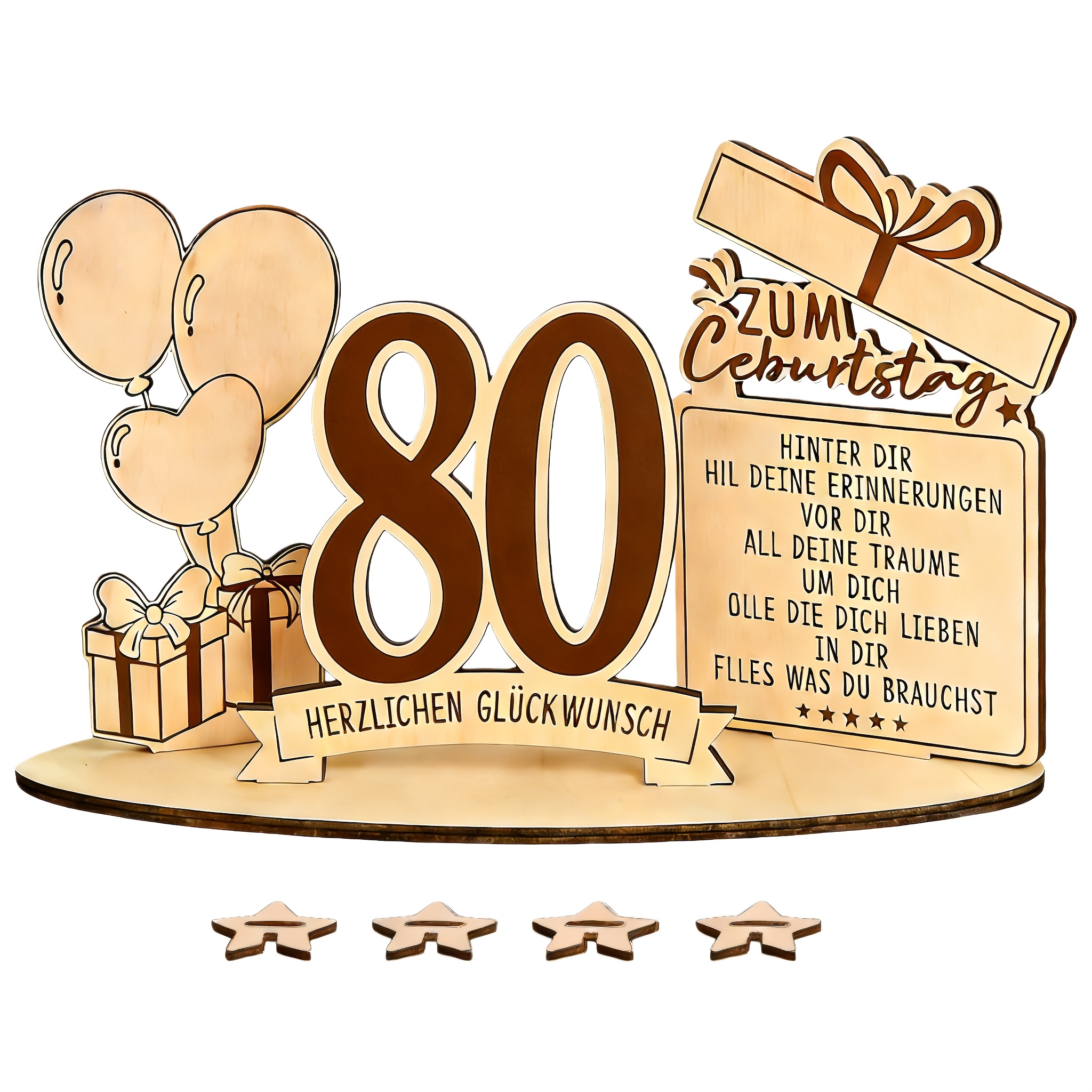 E-shop Gästebuch aus Holz mit "80" Schild, Schreibtischdekoration, Geschenkbox und Ballon-, Deutsche Grüße, Inklusive 4 Kassenzubehör, Geeignet für