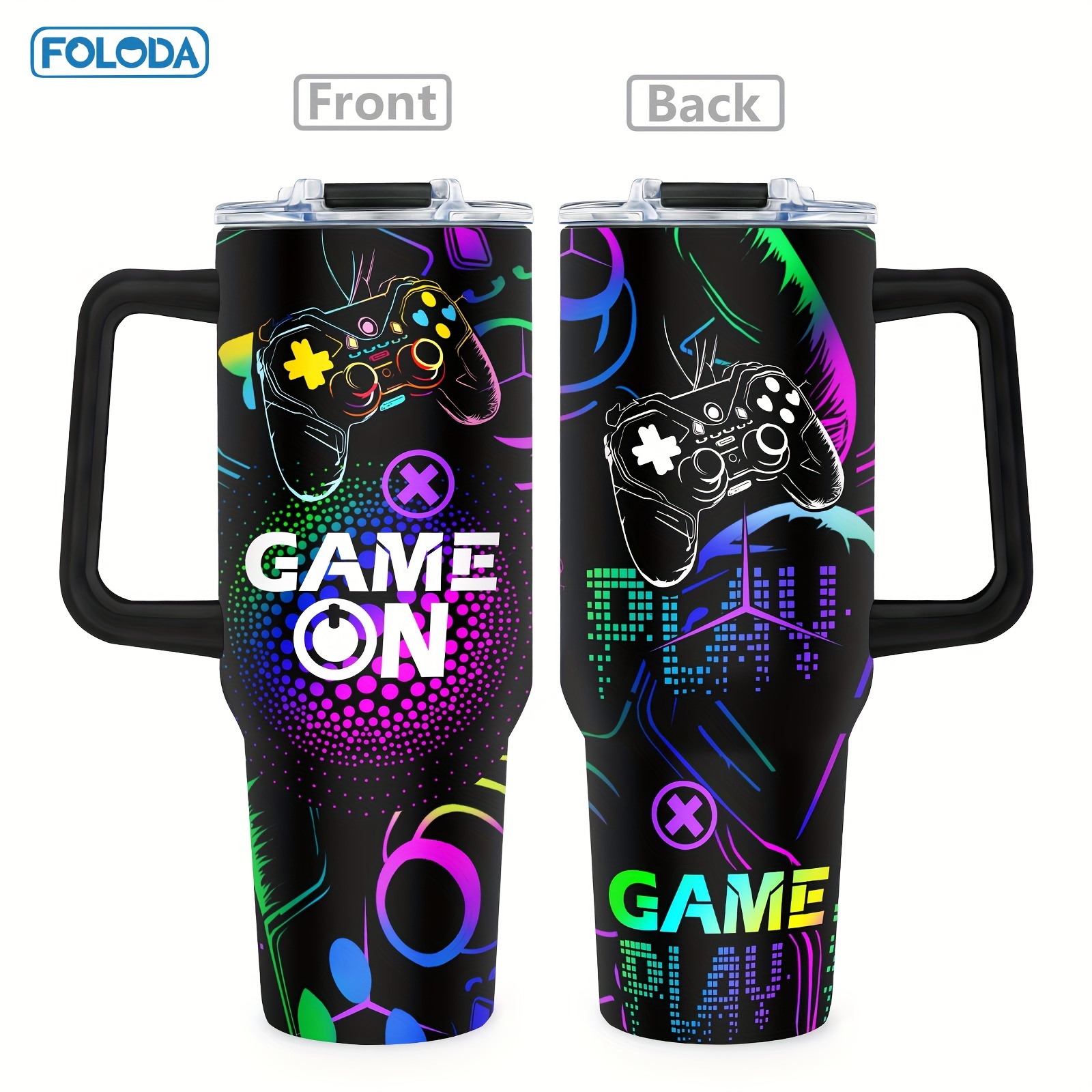 

Foloda 40oz Gamer-themed Stainless Steel With Vibrant Controller Graphics, Handle, Lid & Straw - Ideal Gift For Men & Boys, Gaming , & Travel