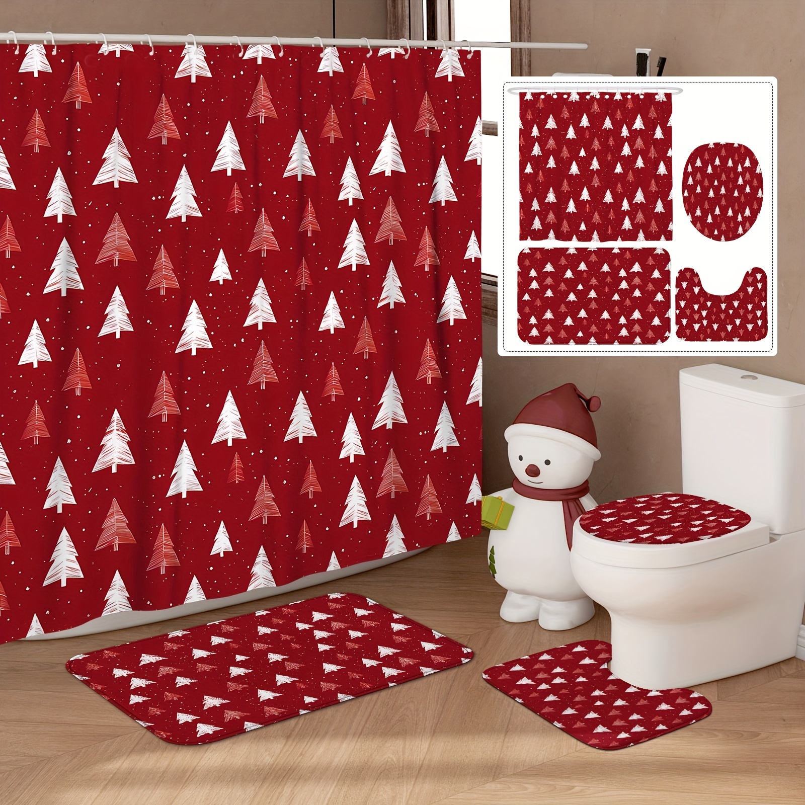 

Christmas Tree Shower Curtain Set With 12 Hooks - Red And White Holiday Bathroom Decor, Machine Washable Polyester, Water-resistant, Includes Non-slip Bath Mat, U-shape Toilet Lid Cover & Rug