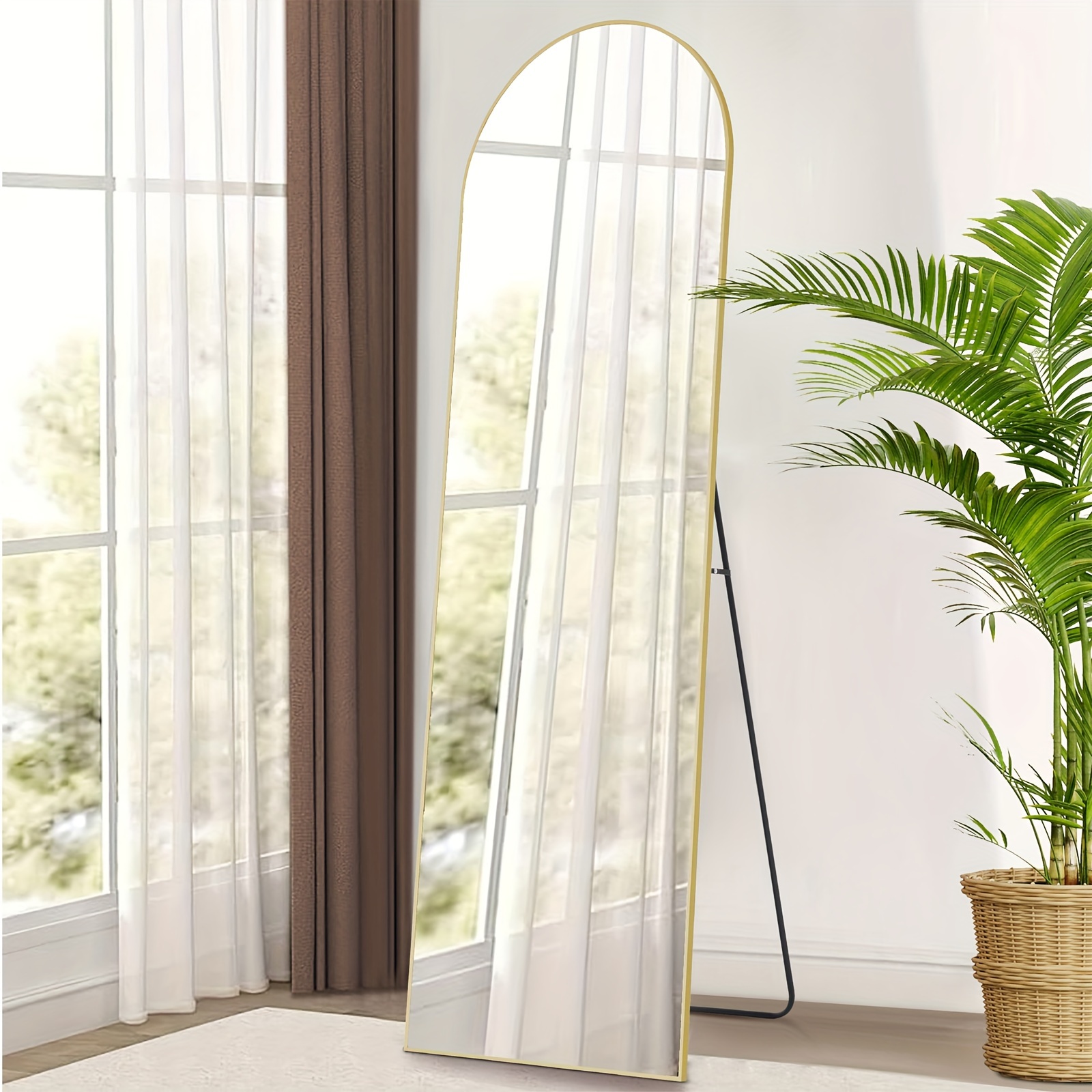 

64"x21" Arched Full Length Mirror Full Body Floor Mirror Standing Hanging Or Wall, Arch Wall Mirror With Stand Aluminum Alloy Thin Frame For Bedroom , Golden