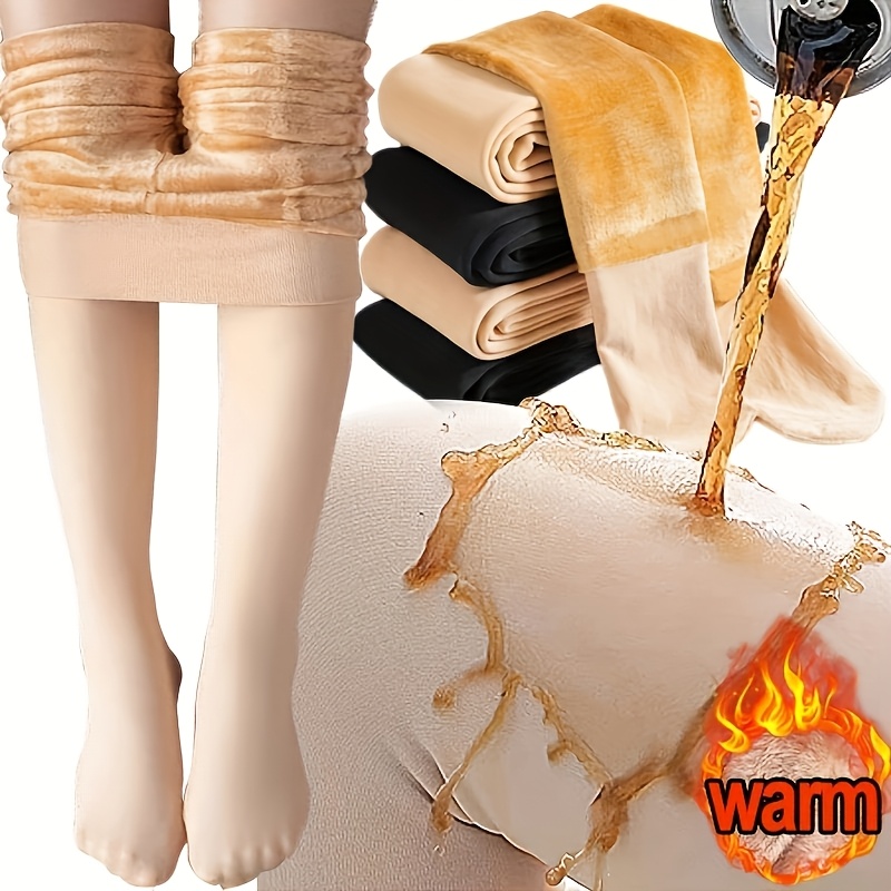 

Elegant High-waist Fuzzy Tights For Women - , Warm & Stretchy Nylon Leggings With Hem Detail