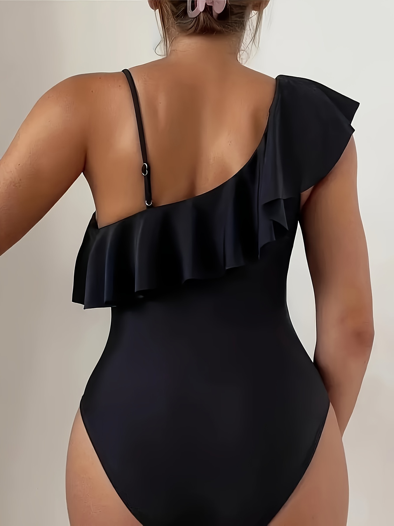 womens elegant one shoulder mesh swimsuit ruffle detail solid black   bathing suit details 5