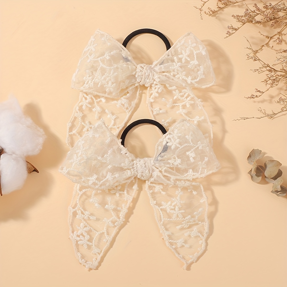 Image of Set Of 2 Bohemian Style Solid Color Lace Bow Hair Ties, Elegant Additions For