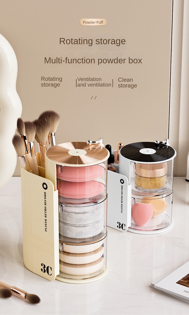 luxury 3c rotating makeup brush puff storage box dustproof multi layer design independent   desk organizer for dressing table bathroom office home use countertop mounting no electricity needed countertop organizer sleek aesthetic durable plastic makeup storage organizer makeup organizer for vanity Product details 0