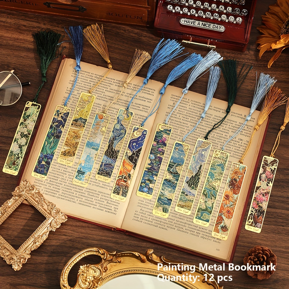 TEMU 12pcs Vintage Oil Painting Metal Bookmarks With Long Tassels - Elegant , Perfect Gift For Book Lovers And Students, Retro, Reading Tool, Office