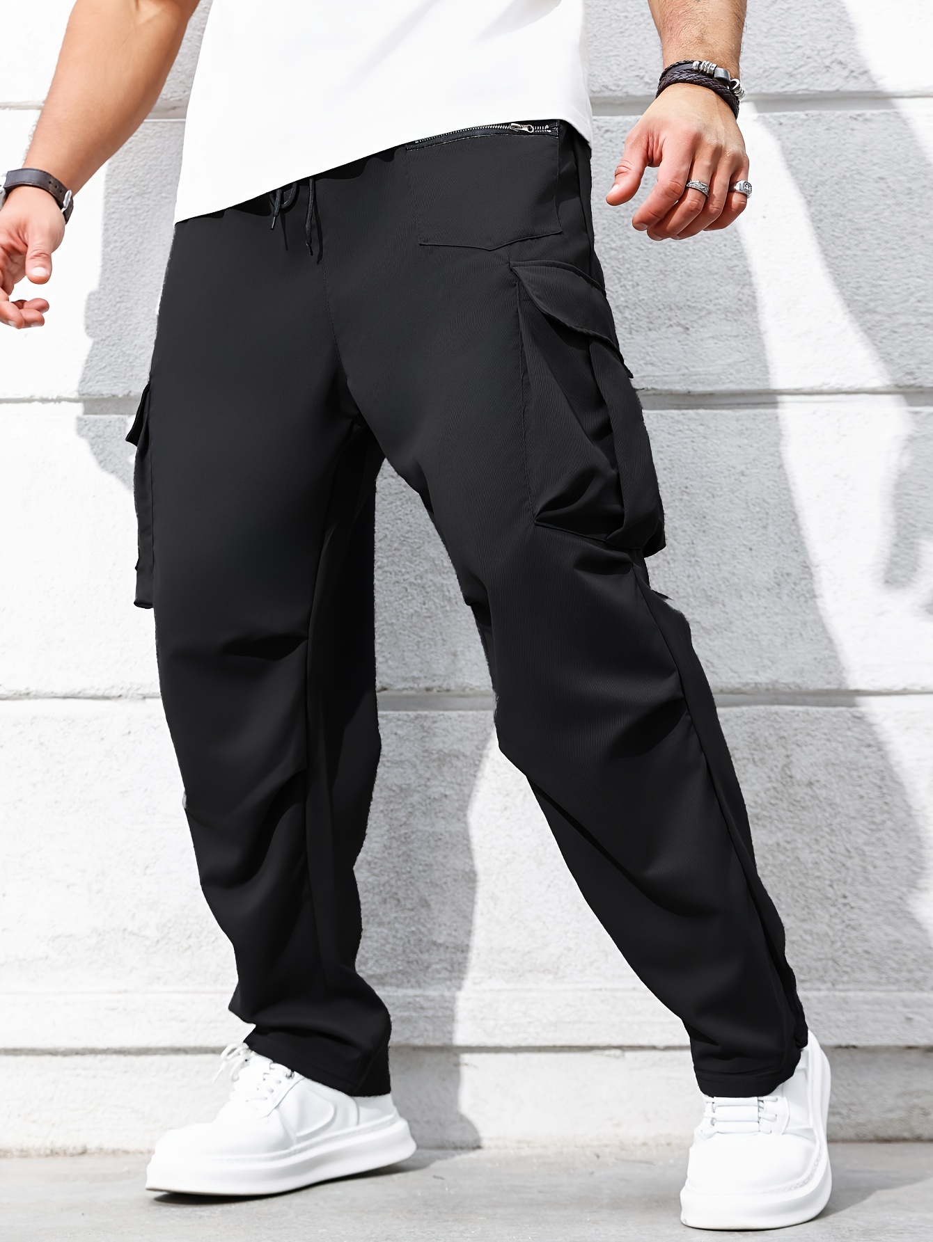 Plus Size Men's Casual Solid Cargo Pants With Pocket For Outdoor/workout,  Trendy Oversized Loose Fit Work Pants For Big & Tall Males, Men's Clothing